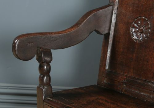 fig 8. Small Antique English Georgian Carved Oak High Back Hall Bench Settle (Circa 1750)