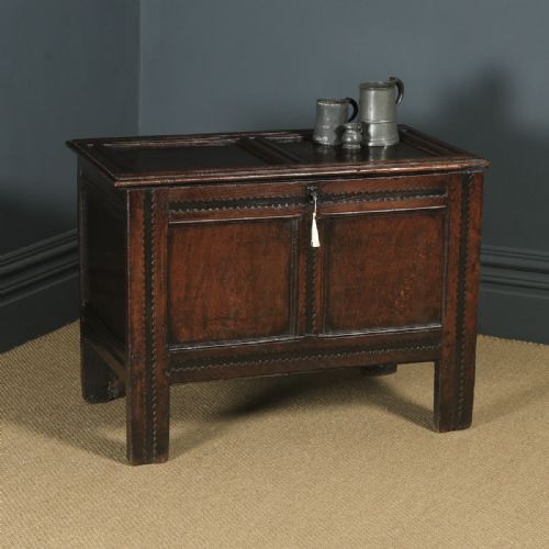 Antique English Charles II Oak Carved Twin Panel Coffer Chest Blanket Box Trunk (Circa 1680)