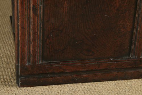 fig 5. Antique English Charles II Oak Carved Twin Panel Coffer Chest Blanket Box Trunk (Circa 1680)
