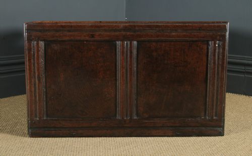 fig 6. Antique English Charles II Oak Carved Twin Panel Coffer Chest Blanket Box Trunk (Circa 1680)
