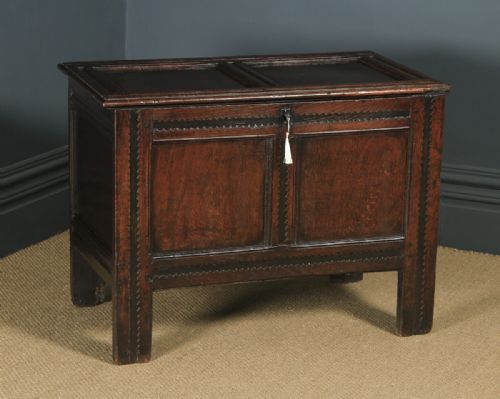 fig 1. Antique English Charles II Oak Carved Twin Panel Coffer Chest Blanket Box Trunk (Circa 1680)