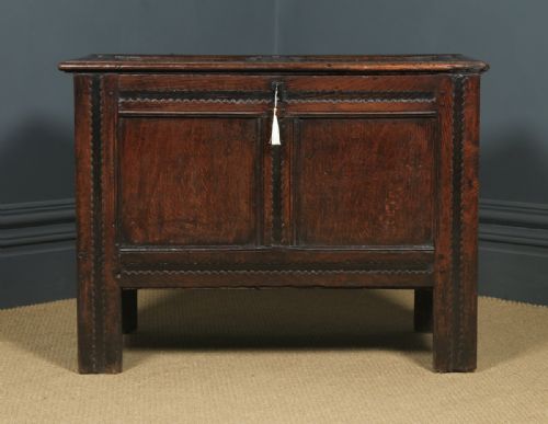 fig 2. Antique English Charles II Oak Carved Twin Panel Coffer Chest Blanket Box Trunk (Circa 1680)
