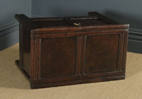 fig 3. Antique English Charles II Oak Carved Twin Panel Coffer Chest Blanket Box Trunk (Circa 1680)