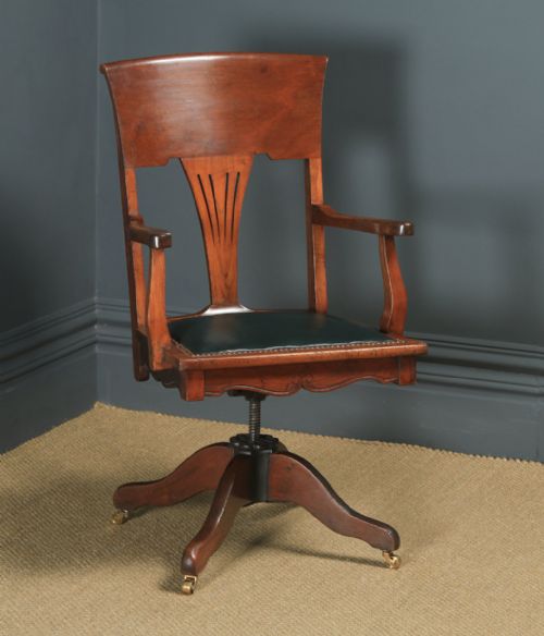 Antique English Edwardian Art Nouveau Ash & Birch Revolving Office Desk Arm Chair (Circa 1910)