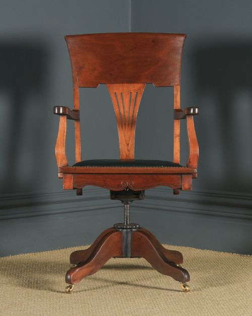 fig 1. Antique English Edwardian Art Nouveau Ash & Birch Revolving Office Desk Arm Chair (Circa 1910)