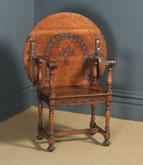 Antique English George V Carved Oak Monks Seat Arm Chair Table (Circa 1910)