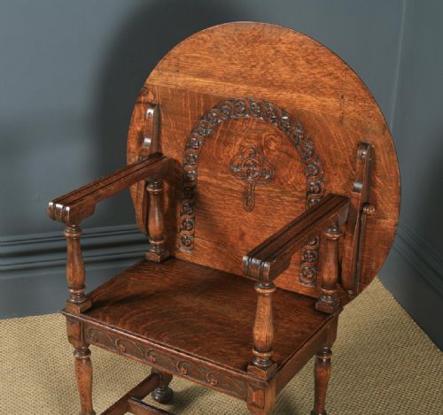 fig 1. Antique English George V Carved Oak Monks Seat Arm Chair Table (Circa 1910)