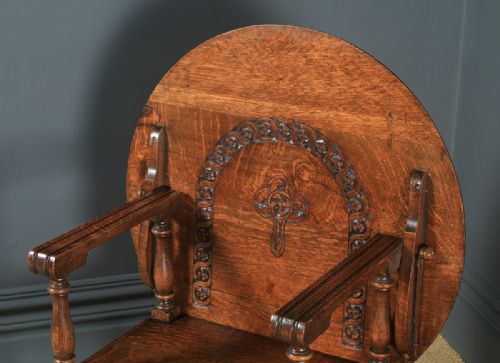 fig 2. Antique English George V Carved Oak Monks Seat Arm Chair Table (Circa 1910)