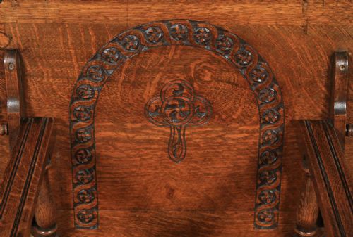 fig 3. Antique English George V Carved Oak Monks Seat Arm Chair Table (Circa 1910)