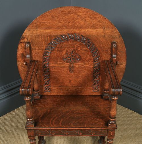 fig 4. Antique English George V Carved Oak Monks Seat Arm Chair Table (Circa 1910)