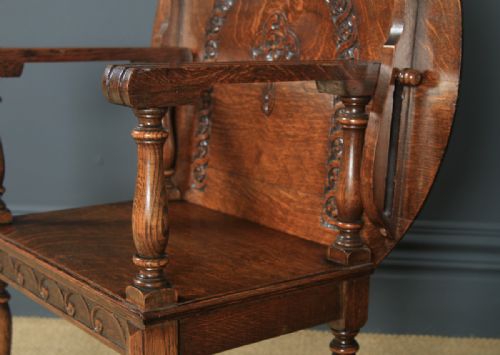 fig 5. Antique English George V Carved Oak Monks Seat Arm Chair Table (Circa 1910)