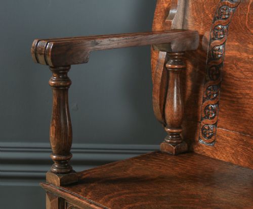 fig 6. Antique English George V Carved Oak Monks Seat Arm Chair Table (Circa 1910)