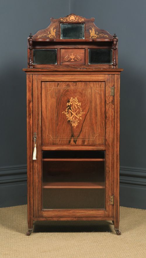fig 1. Antique English Edwardian Rosewood Inlaid Sheet Music Display Cabinet (Circa 1910)