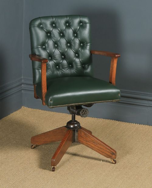 Antique English George V Solid Oak & Green Leather Upholstered Revolving Office Desk Arm Chair (Circa 1920)