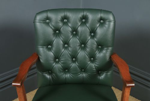 fig 5. Antique English George V Solid Oak & Green Leather Upholstered Revolving Office Desk Arm Chair (Circa 1920)