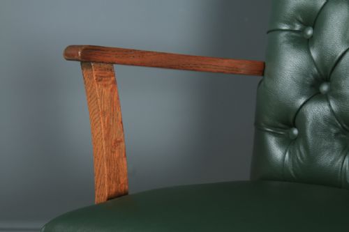 fig 6. Antique English George V Solid Oak & Green Leather Upholstered Revolving Office Desk Arm Chair (Circa 1920)