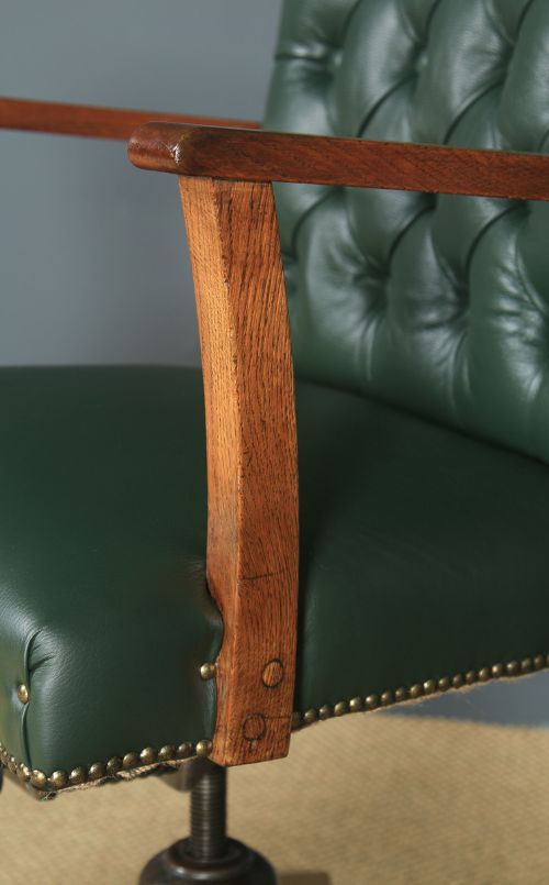 fig 7. Antique English George V Solid Oak & Green Leather Upholstered Revolving Office Desk Arm Chair (Circa 1920)