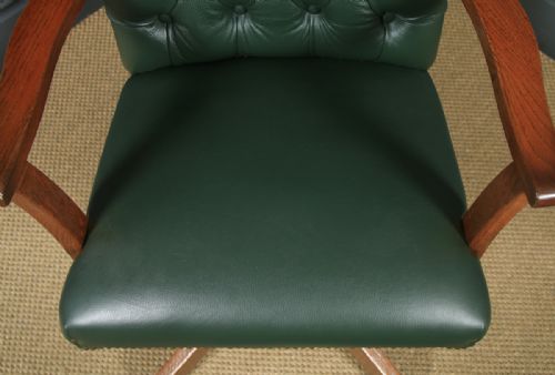 fig 8. Antique English George V Solid Oak & Green Leather Upholstered Revolving Office Desk Arm Chair (Circa 1920)
