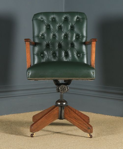 fig 1. Antique English George V Solid Oak & Green Leather Upholstered Revolving Office Desk Arm Chair (Circa 1920)