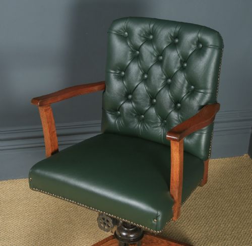 fig 2. Antique English George V Solid Oak & Green Leather Upholstered Revolving Office Desk Arm Chair (Circa 1920)