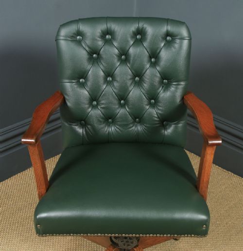 fig 3. Antique English George V Solid Oak & Green Leather Upholstered Revolving Office Desk Arm Chair (Circa 1920)