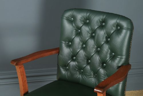 fig 4. Antique English George V Solid Oak & Green Leather Upholstered Revolving Office Desk Arm Chair (Circa 1920)