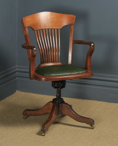 Antique English Edwardian Oak & Green Leather Revolving Office Desk Arm Chair (Circa 1910)