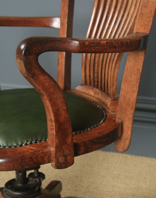 fig 6. Antique English Edwardian Oak & Green Leather Revolving Office Desk Arm Chair (Circa 1910)