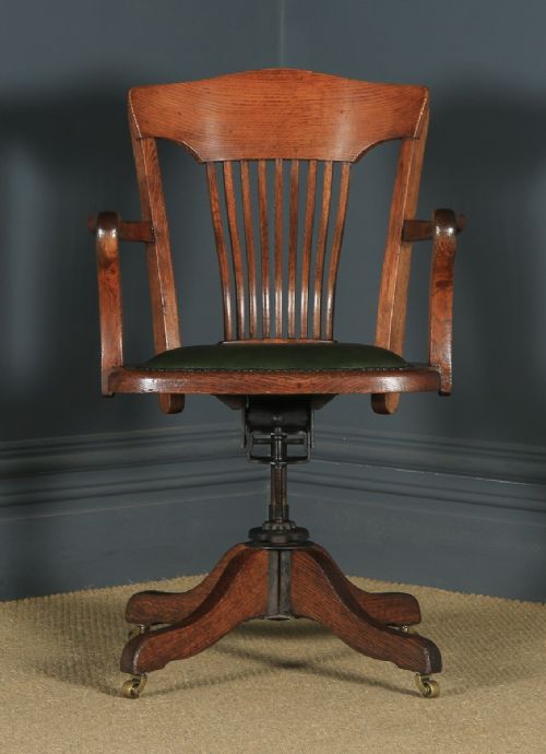fig 1. Antique English Edwardian Oak & Green Leather Revolving Office Desk Arm Chair (Circa 1910)