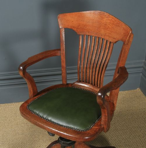 fig 2. Antique English Edwardian Oak & Green Leather Revolving Office Desk Arm Chair (Circa 1910)