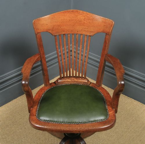 fig 3. Antique English Edwardian Oak & Green Leather Revolving Office Desk Arm Chair (Circa 1910)