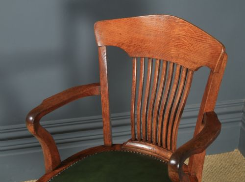 fig 4. Antique English Edwardian Oak & Green Leather Revolving Office Desk Arm Chair (Circa 1910)
