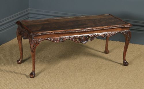fig 1. Antique English Queen Anne Style Flame Mahogany & Glass Coffee Table (Circa 1930)