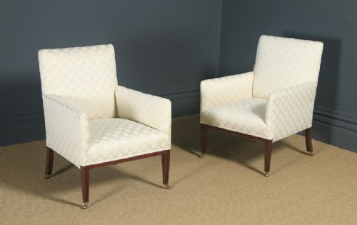 Antique English Pair of Edwardian Sheraton Style Upholstered Mahogany Inlaid Armchairs (Circa 1901)