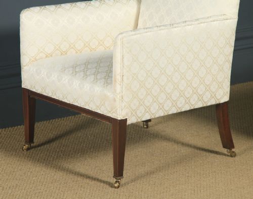 fig 3. Antique English Pair of Edwardian Sheraton Style Upholstered Mahogany Inlaid Armchairs (Circa 1901)