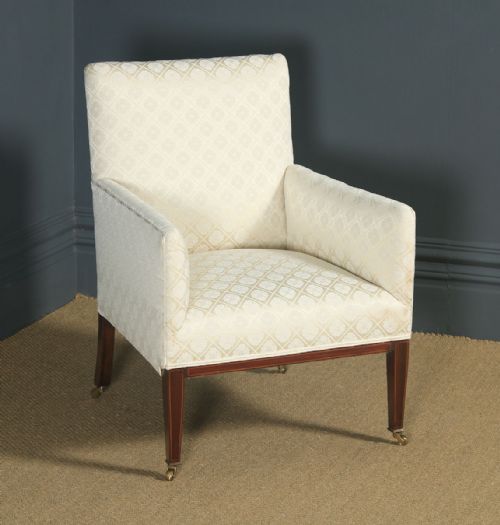 fig 6. Antique English Pair of Edwardian Sheraton Style Upholstered Mahogany Inlaid Armchairs (Circa 1901)
