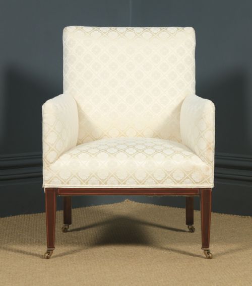 fig 7. Antique English Pair of Edwardian Sheraton Style Upholstered Mahogany Inlaid Armchairs (Circa 1901)