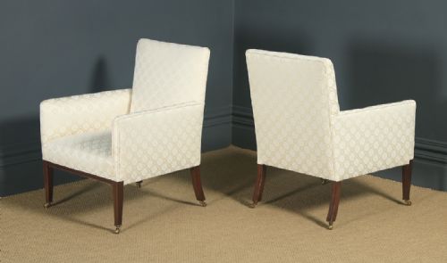 fig 1. Antique English Pair of Edwardian Sheraton Style Upholstered Mahogany Inlaid Armchairs (Circa 1901)