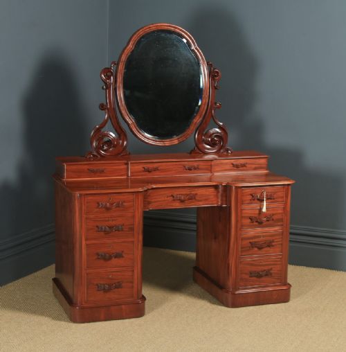 Antique English Victorian Mahogany Pedestal Dressing Table with Mirror (Circa 1870)