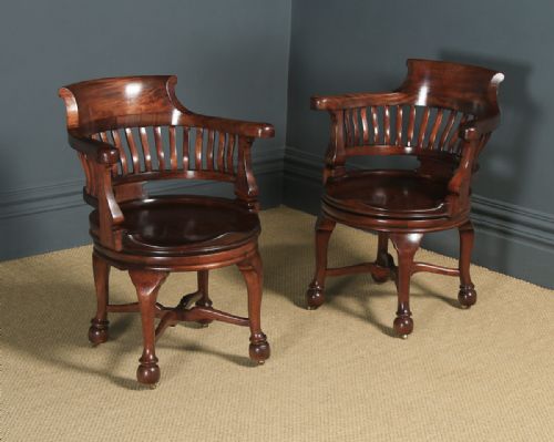 Pair of Antique English Victorian Mahogany Revolving Office Desk Arm Chairs (Circa 1880)