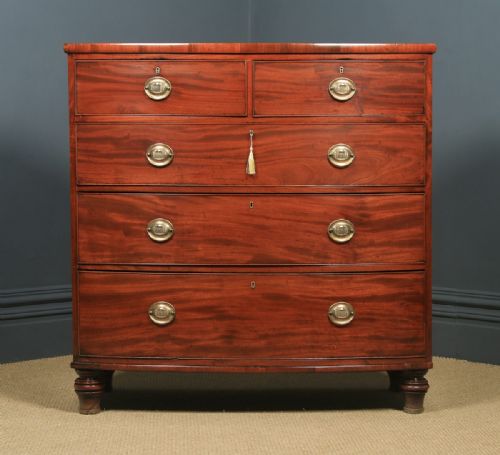 fig 1. Antique English Georgian Regency Figured Mahogany Bow Front Chest of Drawers (Circa 1820)