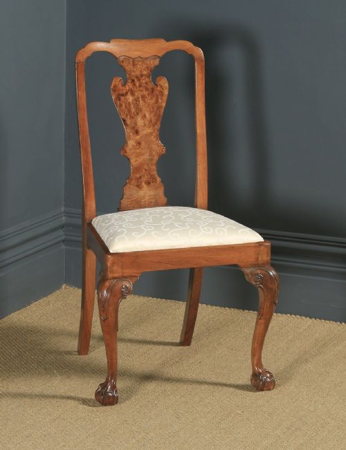 Antique English Victorian Queen Anne Style Burr Walnut Dining / Side Chair (Circa 1890)