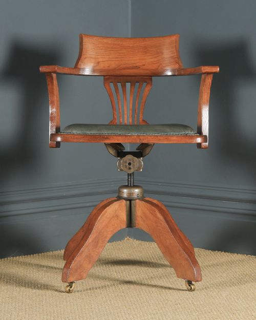 fig 1. Antique English Edwardian Oak & Pale Green Leather Revolving Office Desk Arm Chair (Circa 1910)