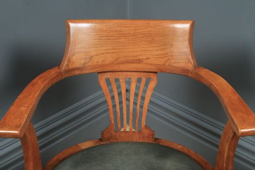 fig 2. Antique English Edwardian Oak & Pale Green Leather Revolving Office Desk Arm Chair (Circa 1910)