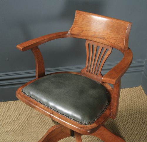 fig 3. Antique English Edwardian Oak & Pale Green Leather Revolving Office Desk Arm Chair (Circa 1910)