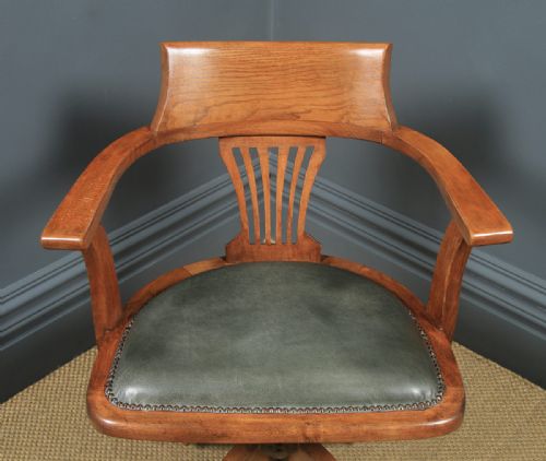 fig 4. Antique English Edwardian Oak & Pale Green Leather Revolving Office Desk Arm Chair (Circa 1910)