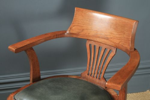 fig 5. Antique English Edwardian Oak & Pale Green Leather Revolving Office Desk Arm Chair (Circa 1910)