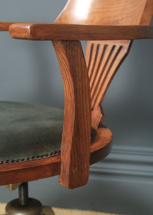 fig 7. Antique English Edwardian Oak & Pale Green Leather Revolving Office Desk Arm Chair (Circa 1910)