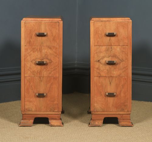 fig 1. Antique Pair of English Art Deco Figured Walnut Bedside Chest Tables (Circa 1930)