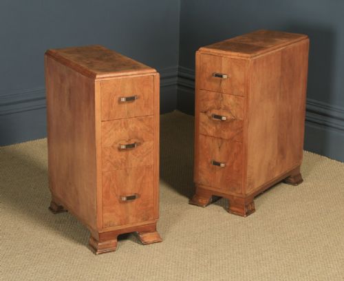 Antique Pair of English Art Deco Figured Walnut Bedside Chest Tables  (Circa 1930)